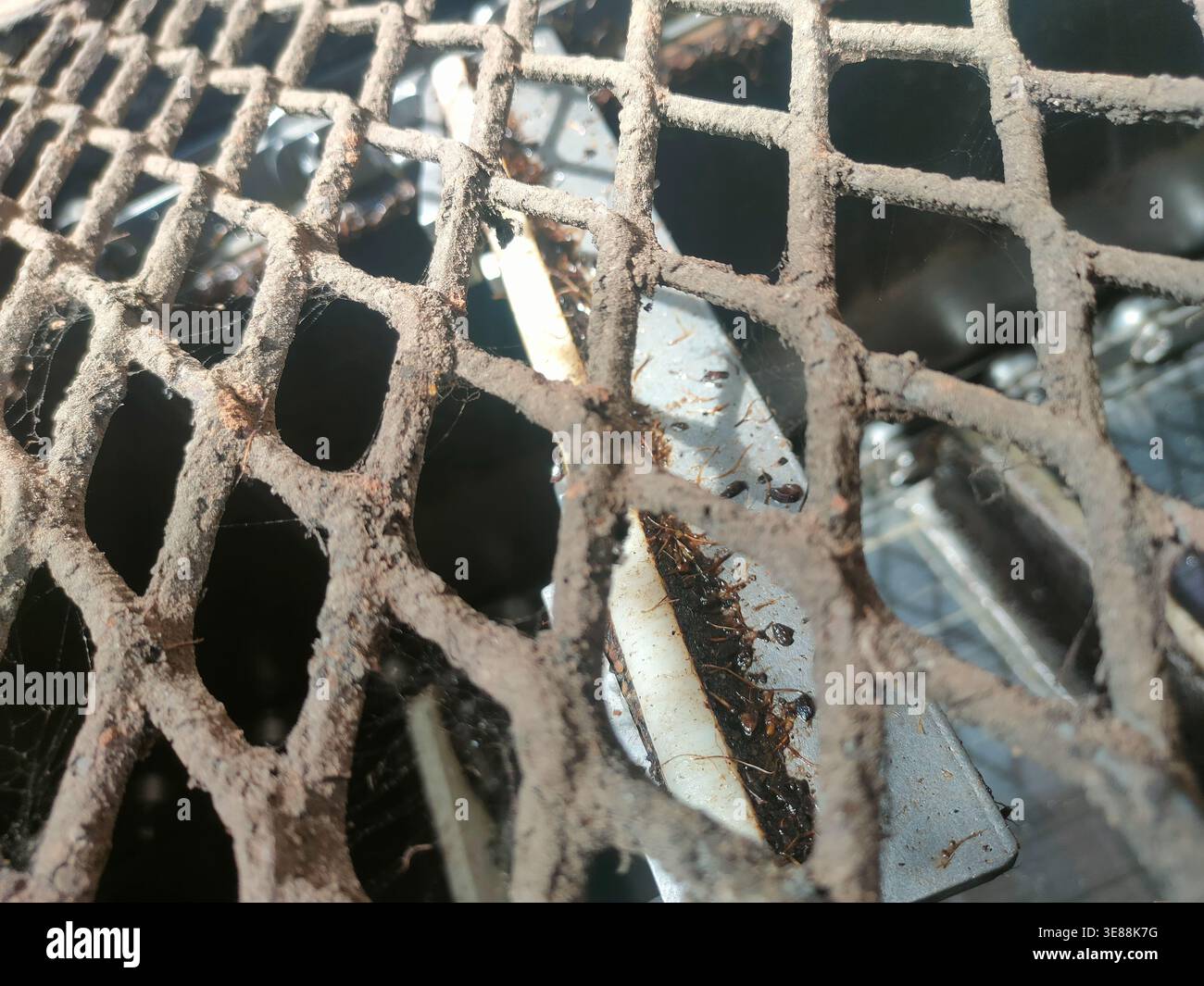 Gros plan en grand angle d'une grille ou d'un treillis métallique à motif diamant fortement rouillé et abîmé. Banque D'Images