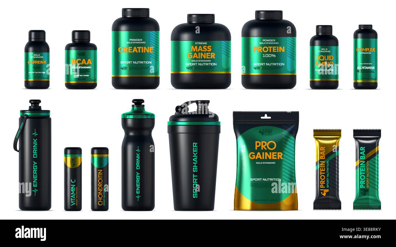paquet de nutrition sportive 3d et maquette de bouteille, protéine de lactosérum. Récipients en plastique noir, shaker et barres. Bouteilles de supplément de fitness vectoriel réaliste. Gainer, créatine, bcaa, vitamines aminées, boisson énergisante Illustration de Vecteur