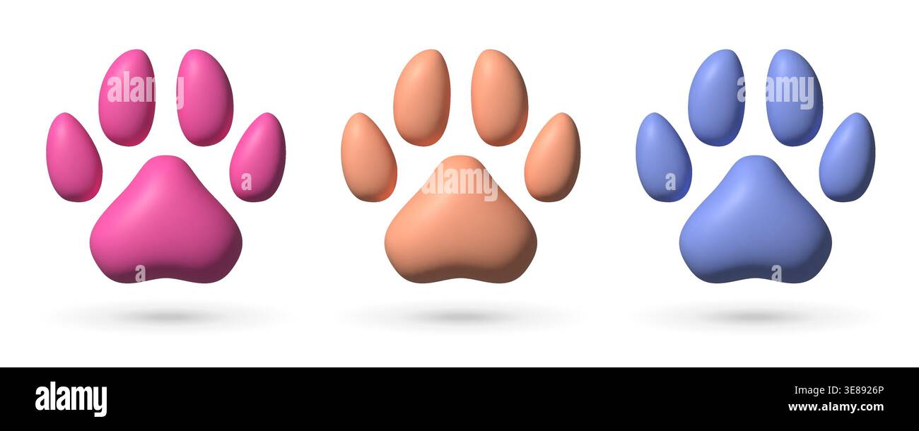 collection d'icônes de patte 3d. Empreinte d'animal réaliste de couleur différente isolé sur fond blanc Illustration de Vecteur