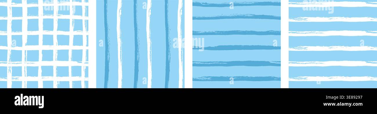 Ensemble de motifs sans couture côtier bleu. Baby Stripes pinceau coup et grille Vichy pour un thème masculin ou pastel de mer. Arrière-plans sans couture à stries abstraites ondulées Illustration de Vecteur