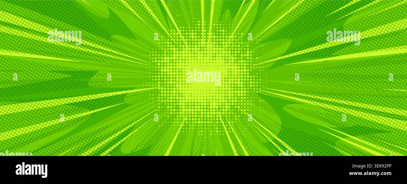Fond comique vert avec texture demi-teinte pop art et motif starburst. Style de dessin animé rétro avec rayons radiaux, effet pointillé et motif Sunburst. Toile de fond abstraite vibrante pour les affiches de super-héros. Illustration de Vecteur
