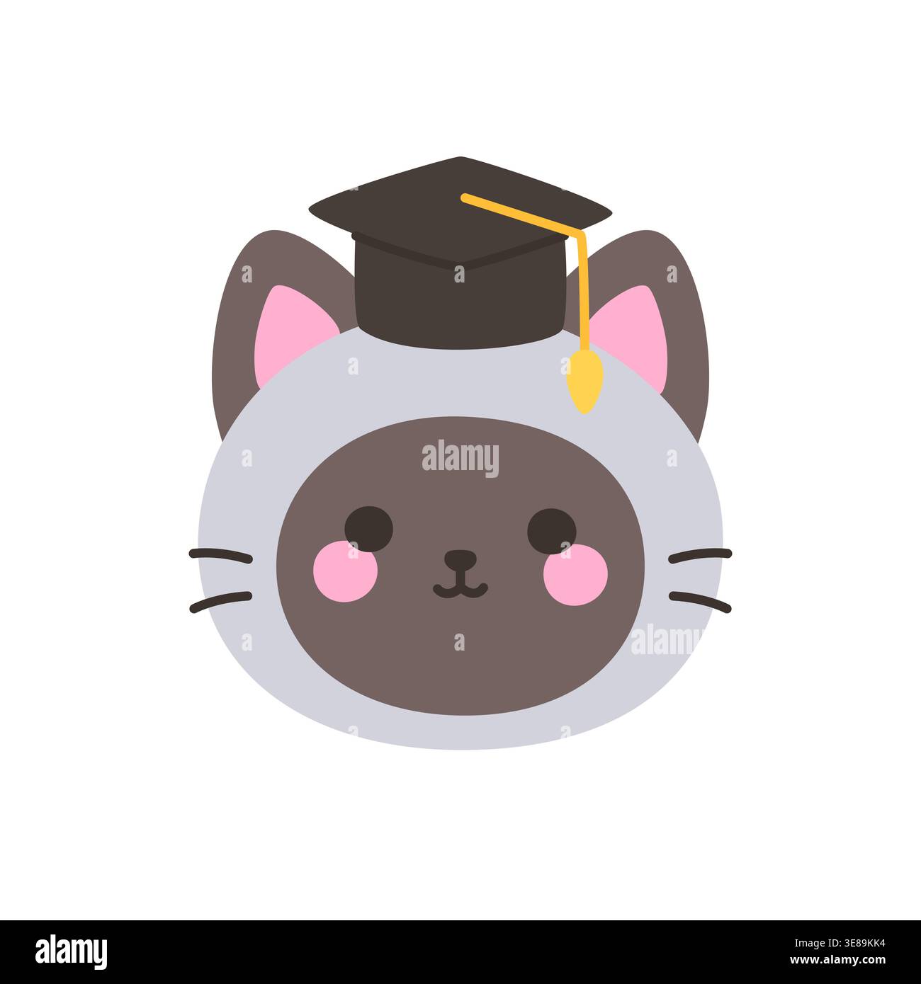Mignon visage de chat gris kawaii portant casquette de graduation noire avec autocollant clipart d'illustration vectorielle de pompon d'or Illustration de Vecteur