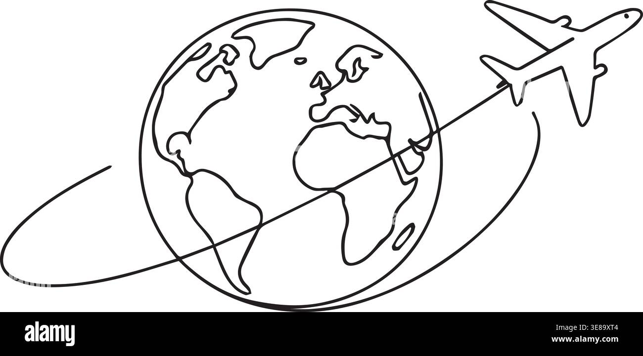 Dessin continu minimal en une ligne du globe avec concept de voyage en avion isolé sur fond blanc Illustration de Vecteur