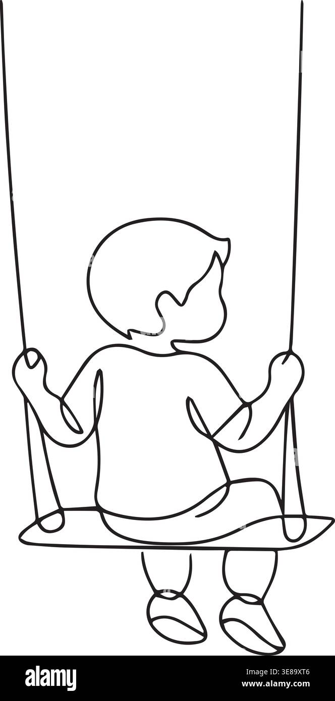 Dessin continu minimal en une ligne d'un enfant jouant sur une balançoire isolé sur fond blanc Illustration de Vecteur