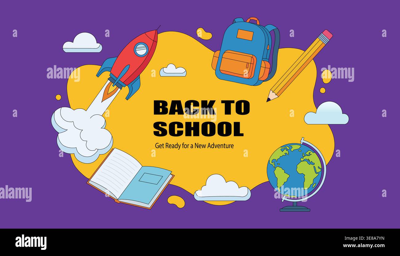 Bannière de retour à l'école avec des éléments éducatifs, y compris le crayon de livre sac à dos fusée et le globe représentant l'apprentissage et le concept d'étudiant Illustration de Vecteur