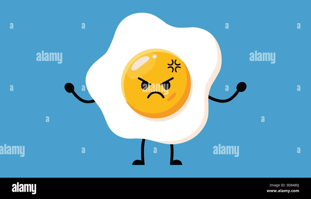 Personnage d'oeuf frit en colère avec expression faciale isolé sur fond bleu représentant l'humour d'émotion et concept d'illustration de nourriture Illustration de Vecteur