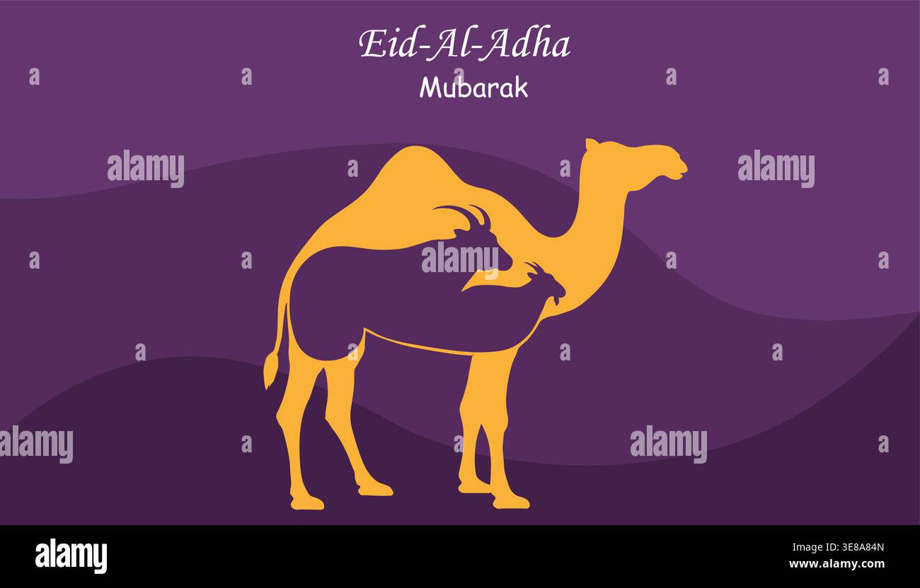 Salut de l'Eid al Adha Moubarak avec silhouette de chameau et de chèvre représentant la conception de célébration islamique du festival de sacrifice Illustration de Vecteur