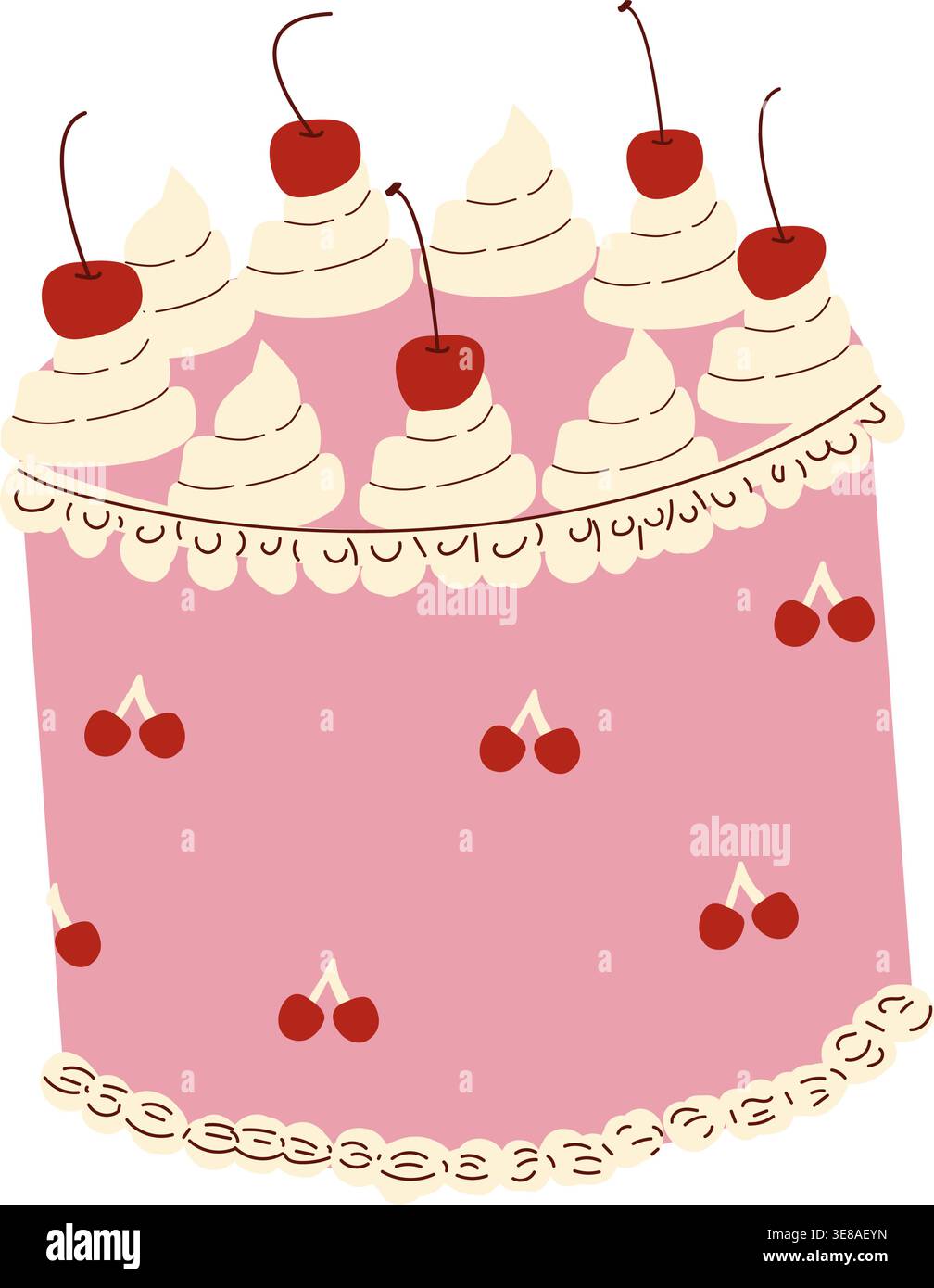 Gâteau aux cerises vintage de style rétro coquette, richement décoré de crème et de baies. Illustration plate de dessin animé avec des accents de doodle, isolé sur fond blanc. Illustration de Vecteur