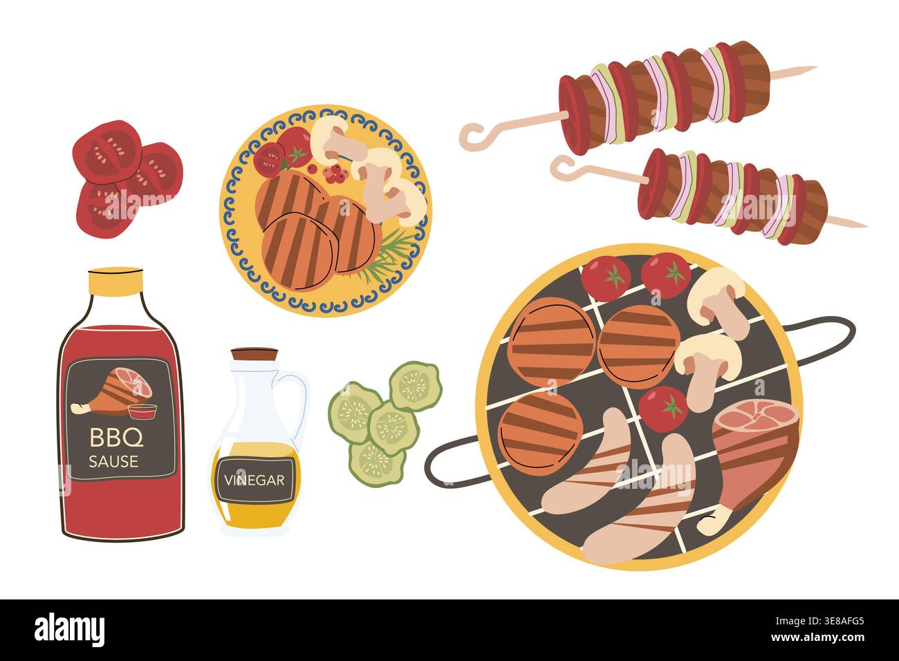Collection d'éléments de barbecue extérieur : grill, steak, viande, concombre et tomate, kebab. Ensemble de plats BBQ de style rétro de dessin animé isolé. Illustration de Vecteur