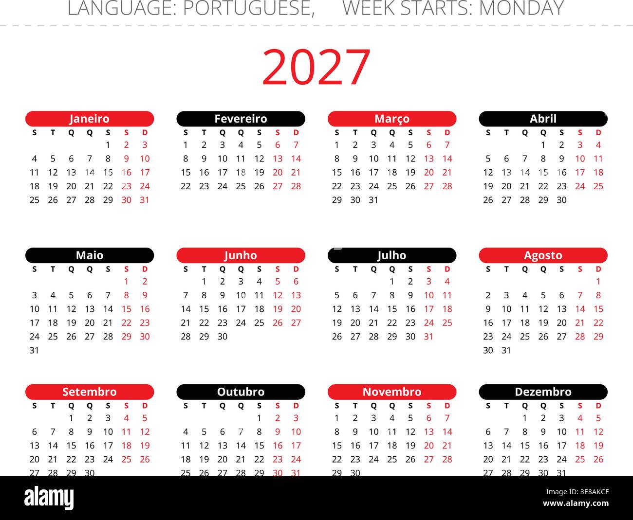 Calendrier portugais 2027 simple pour le portugal avec des fonds mensuels noirs et rouges Illustration de Vecteur