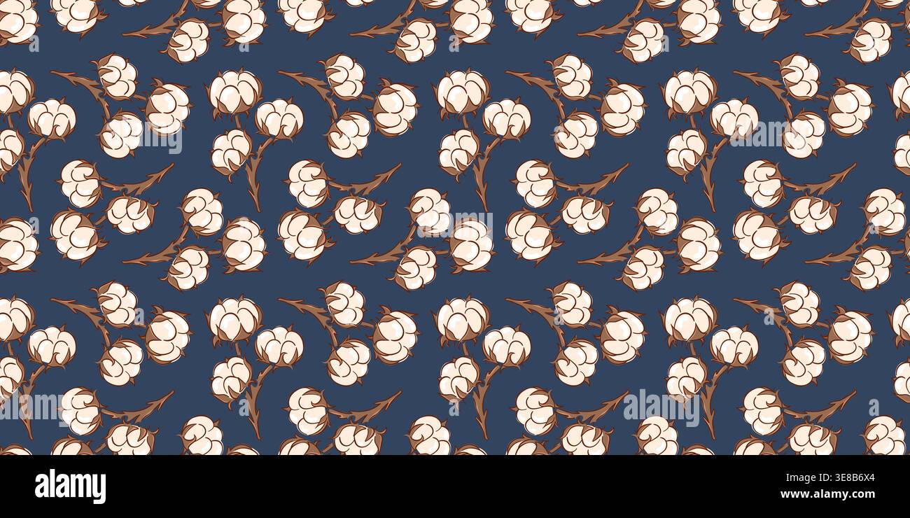 Motif floral sans couture avec branches de plante de coton de style plat naturel et fleur sur fond bleu foncé. Imprimé textile abstrait. Illustration vectorielle. Illustration de Vecteur