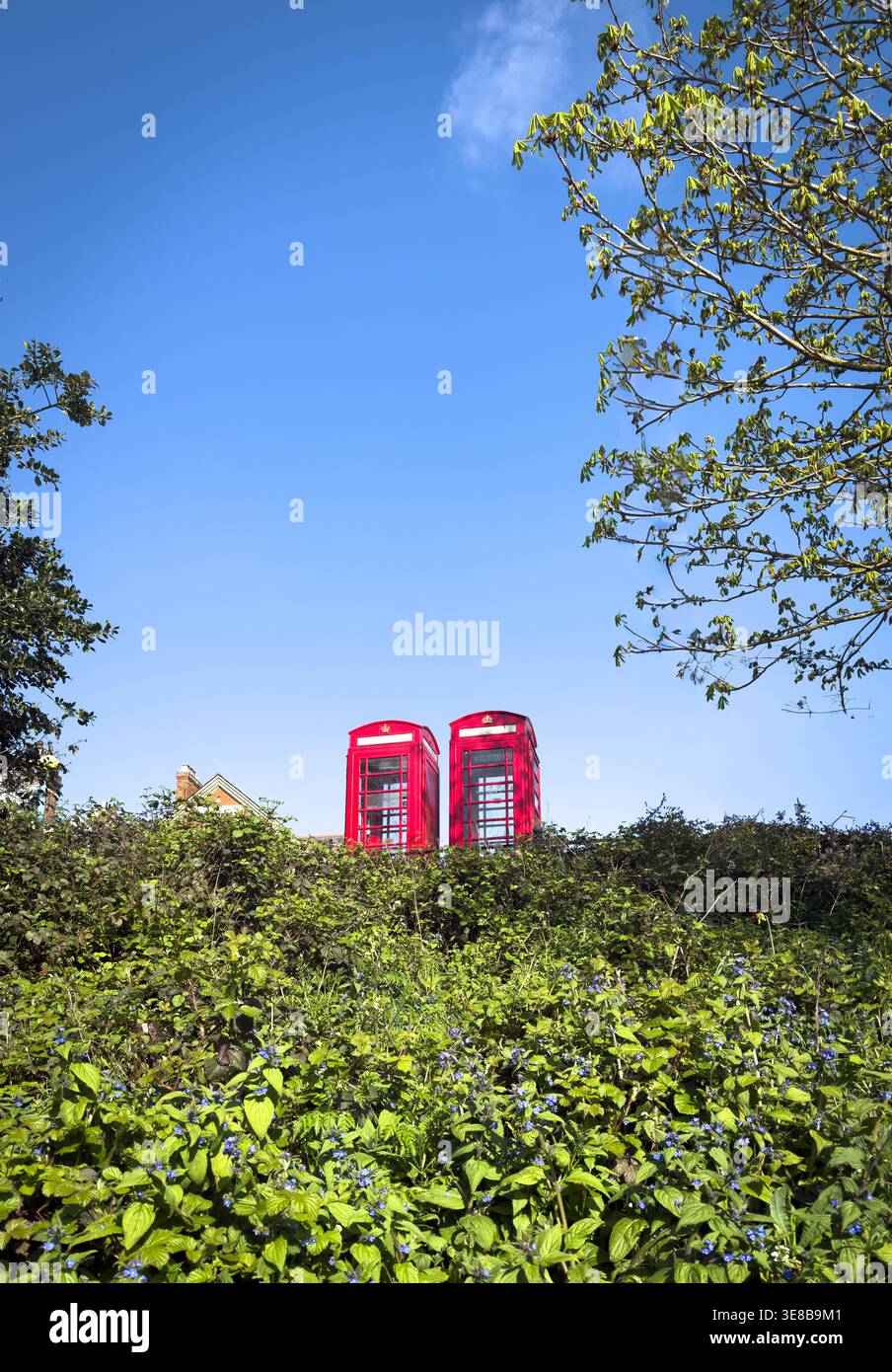 08 avril 2026 - Londres, Royaume-Uni - deux boîtes téléphoniques traditionnelles britanniques rouges par un jour de ciel bleu ensoleillé Banque D'Images