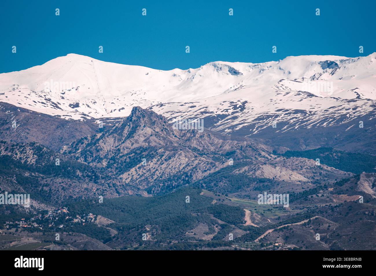 Montagnes de la Sierra Nevada enneigées vues de Los Gabias, province de Grenade, Andalousie, Espagne. Banque D'Images