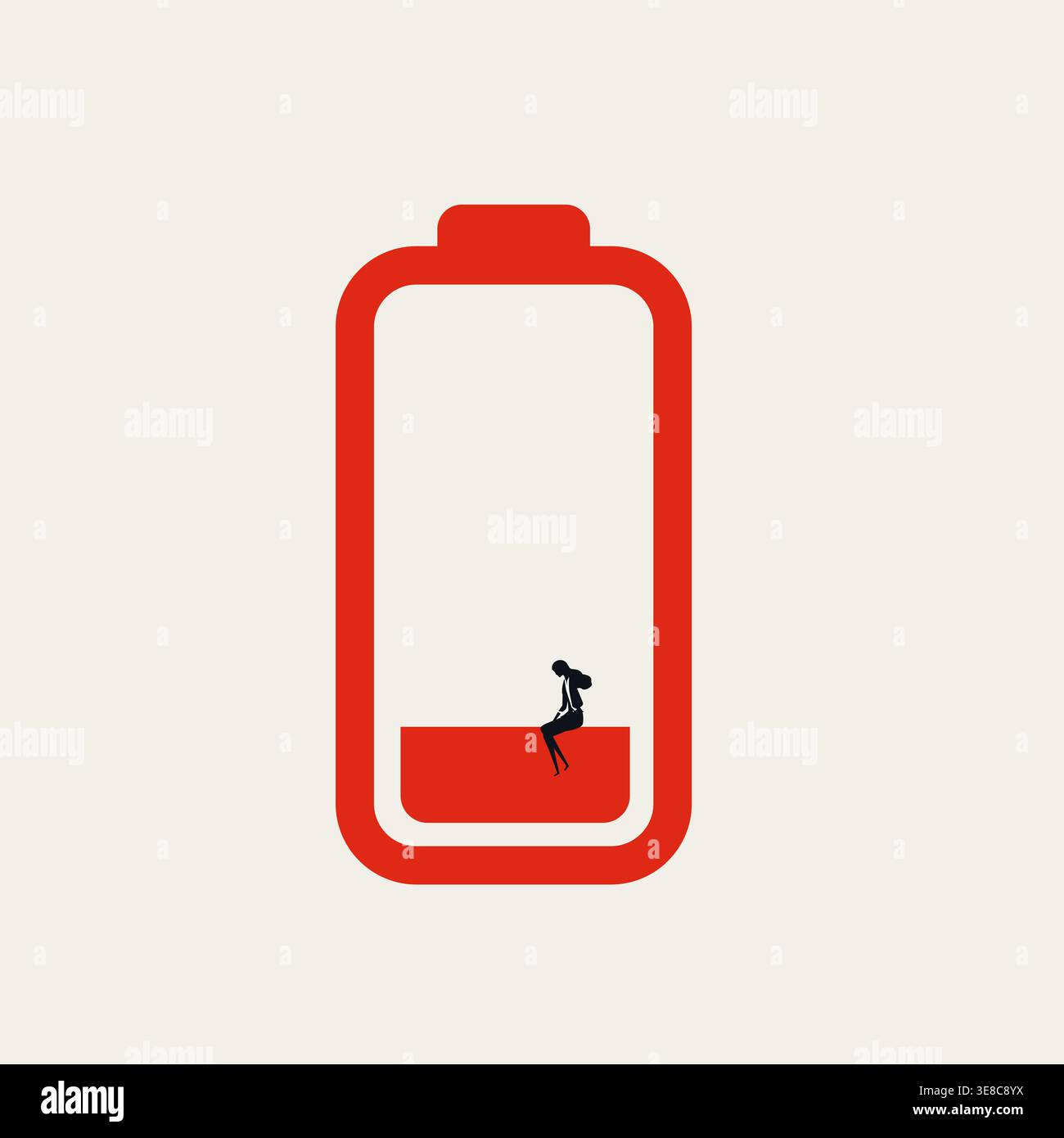 Faible niveau d'énergie icône de batterie rouge avec femme d'affaires fatiguée, illustration vectorielle minimaliste conceptuelle de Burnout professionnel. Illustration de Vecteur