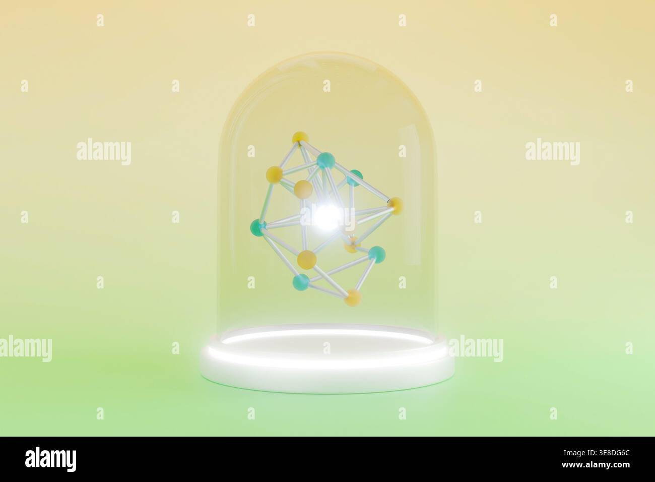 Icône de modèle atomique scientifique sur la scène de podium incandescente dans le dôme de verre Banque D'Images