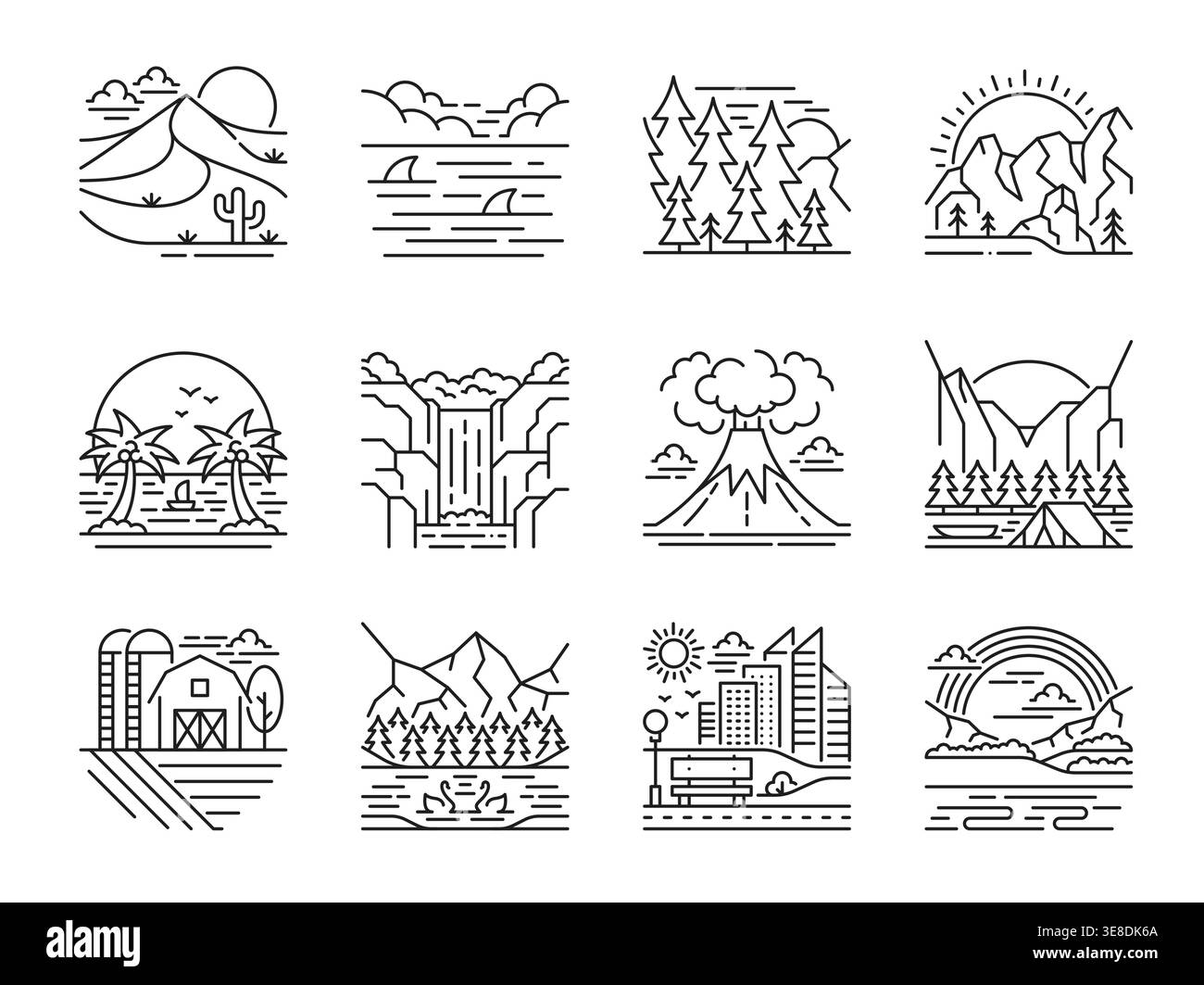 Icônes de ligne de paysage avec lac de montagne, arbres forestiers et vue sur la nature de la rivière. Parc urbain vectoriel, mer, île et dune désertique, camping d'été et ferme, volcan et icônes de paysage de cascade Illustration de Vecteur