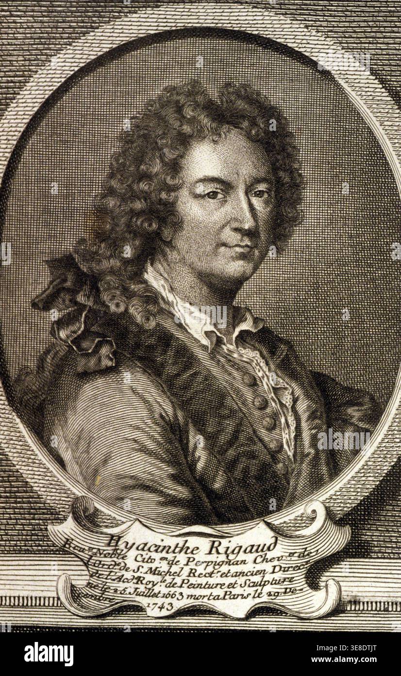 Portrait de Hyacinthe Rigaud (1659-1743), peintre français et portraitiste officiel de Louis XIV. gravure du XVIIIe siècle. Banque D'Images