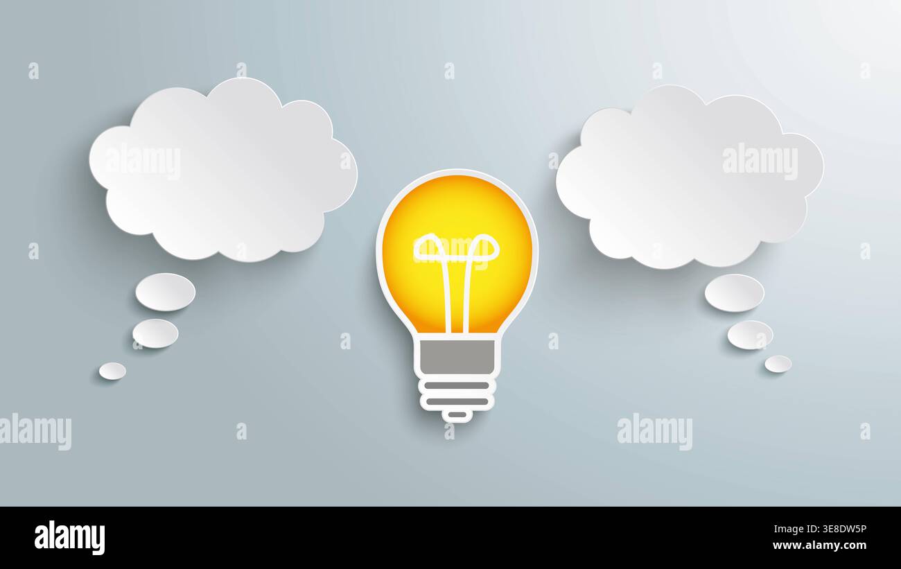 Prés empt 2 White Thought Bubble Bulb Thought Bubbles avec une ampoule sur le fond gris. Banque D'Images