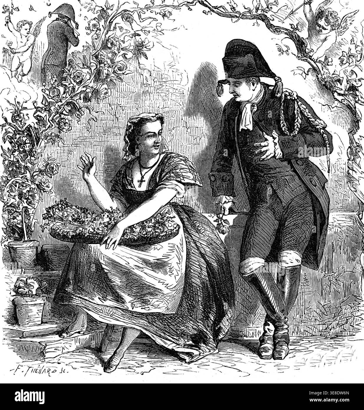 La Flower Girl et l'Undertaker. Chanson de Pierre Jean de Beranger (1780-1857). Gravure, 1866 Banque D'Images