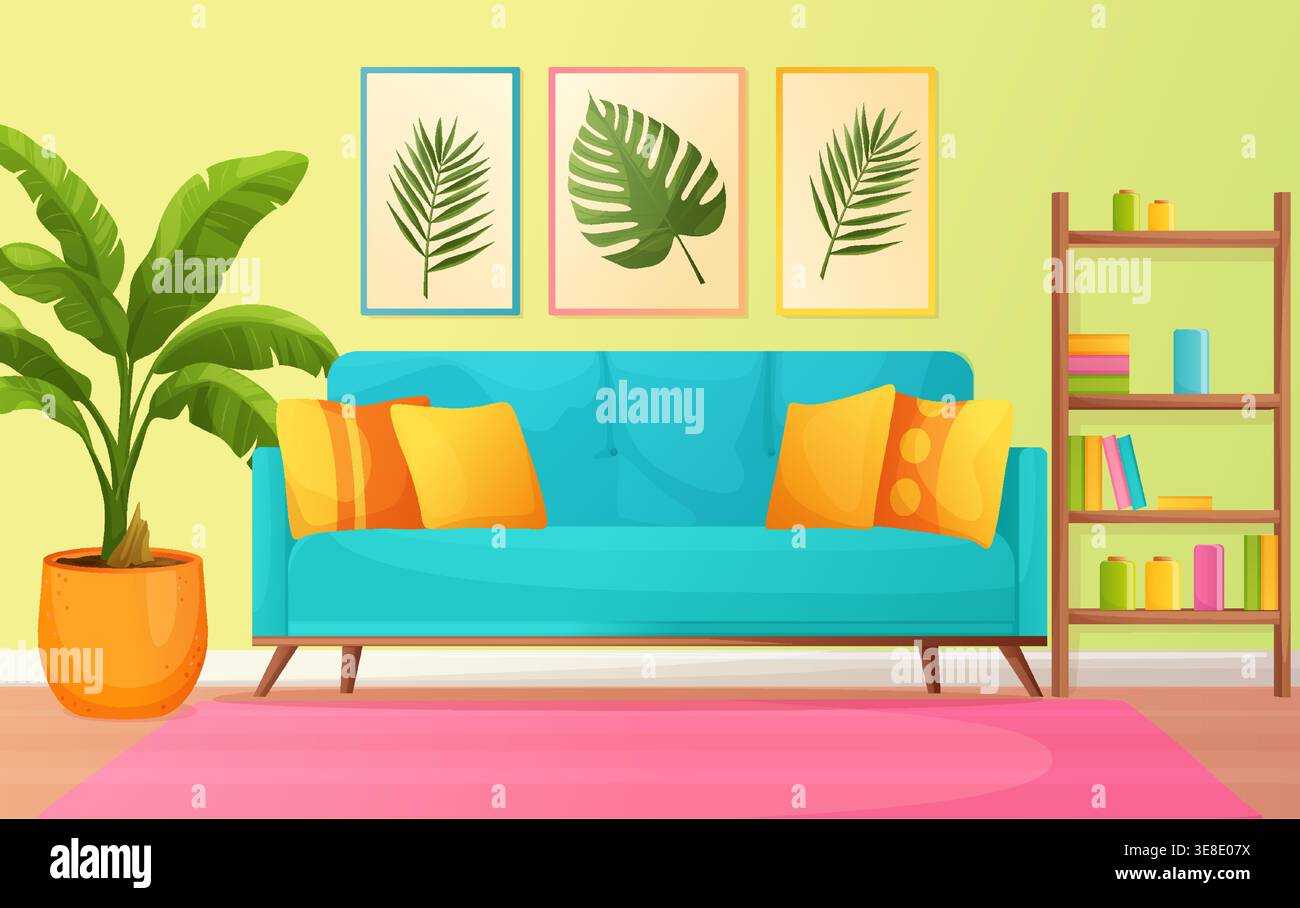 Illustration vectorielle intérieure de salon moderne avec canapé et plante Illustration de Vecteur