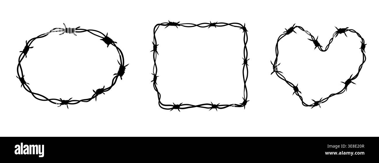 Cadre de fil de fer barbelé définir la bordure de silhouette, clôture. Fil à pointes avec des barbes tranchantes le long de son périmètre. Anneau torsadé y2k, tatouage de bordure ronde, cadre en acier texturé gothique,. Illustration vectorielle Illustration de Vecteur