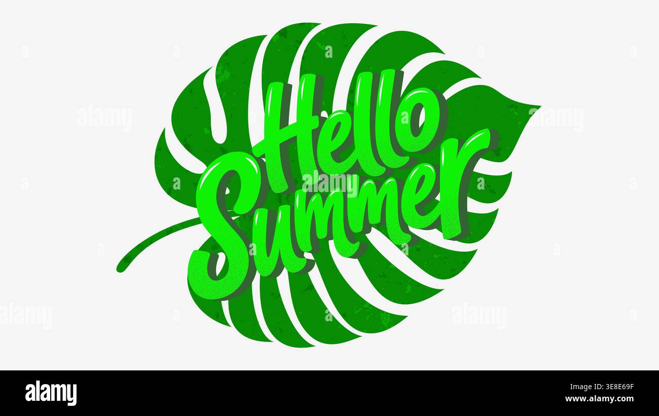 Hello Summer lettrage superposé sur une grande feuille de monstera tropicale Illustration de Vecteur