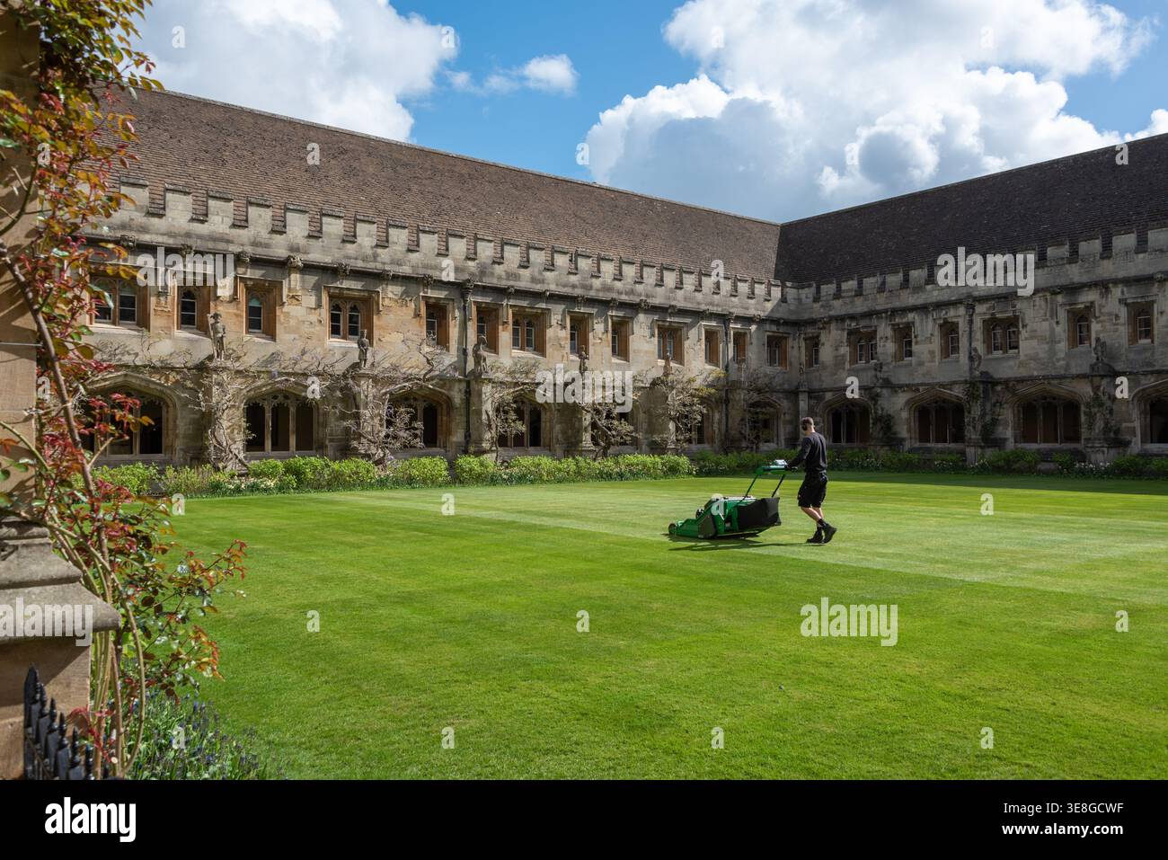 Un jardinier tond la pelouse au Magdalen College, Oxford, Royaume-Uni Banque D'Images