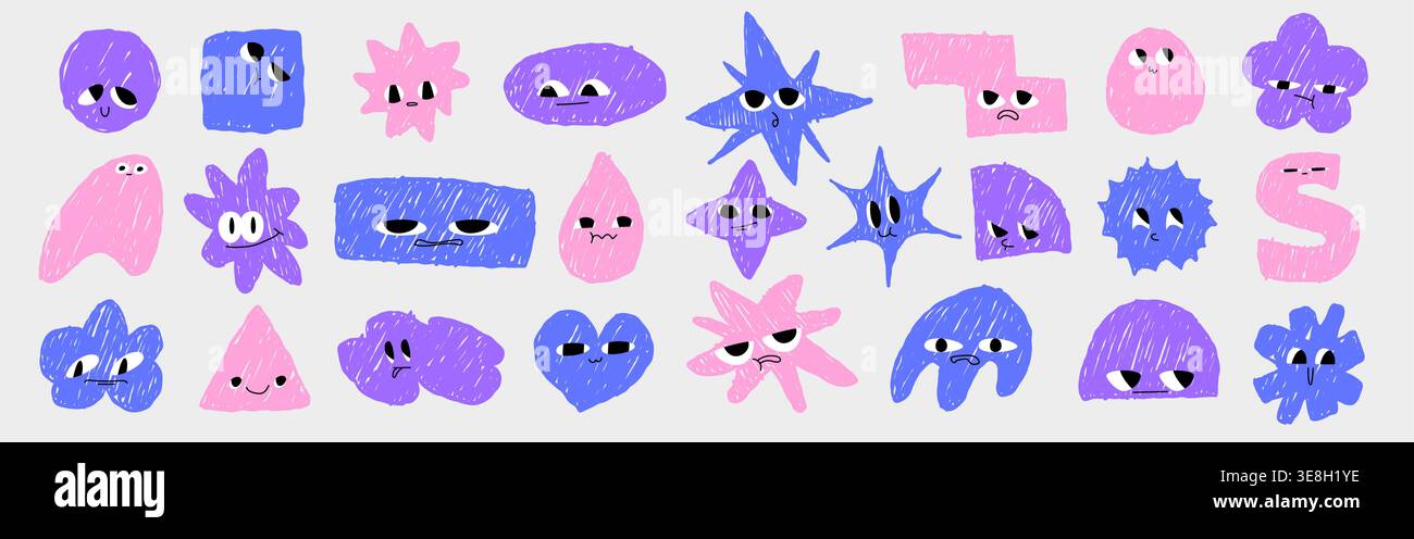 Formes de dessin animé mignonnes avec des visages drôles et des sourires heureux, ensemble vectoriel isolé sur fond blanc. Personnages géométriques colorés avec des yeux et des émotions différentes, des conceptions d'enfants et des projets créatifs. Illustration de Vecteur
