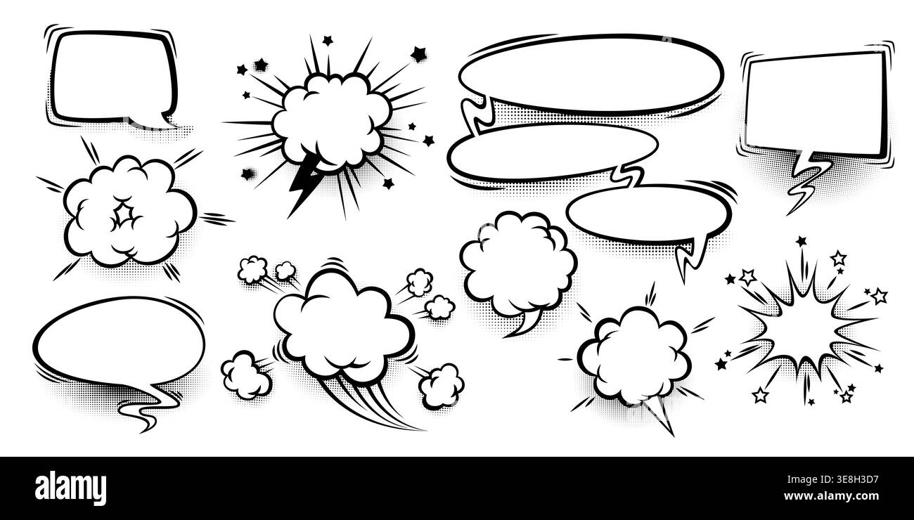 Bulles de bande dessinée avec effet sonore pop art et demi-ton. Icônes de doodle de nuage de dessin animé, cadres de speach vides, ensemble vectoriel de modèles de conception comix isolé sur fond blanc Illustration de Vecteur