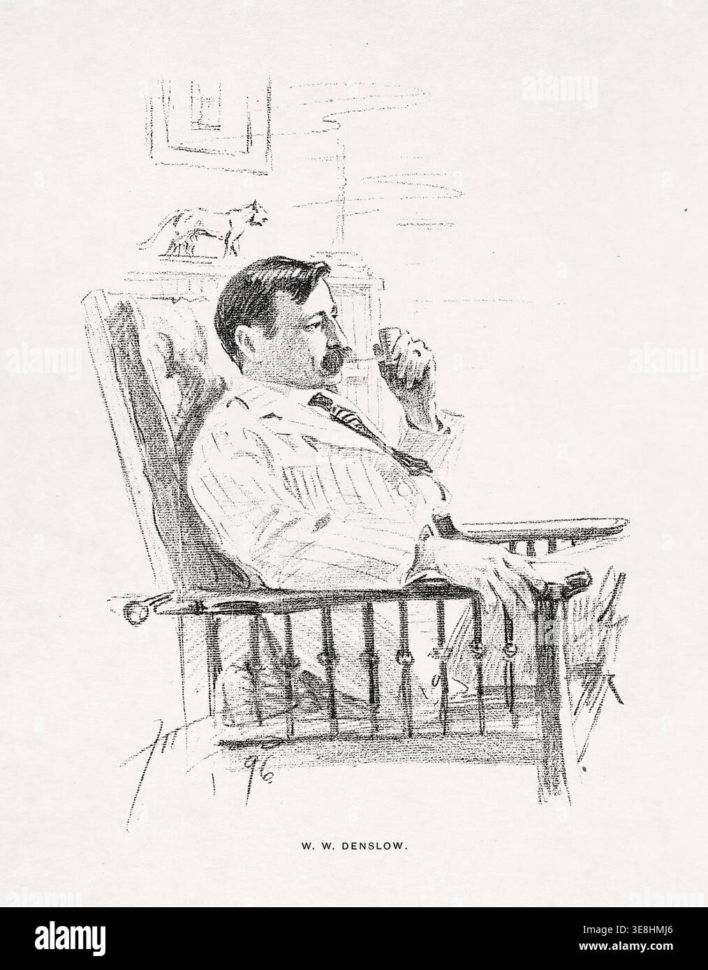 Croquis représentant l'illustrateur et artiste américain William Wallace Denslow assis dans son fauteuil, créé en 1896 par Frank Holme. Denslow est célèbre pour illustrer, entre autres, le Magicien d'Oz, le Père Goose et Humpty Dumpty. Banque D'Images
