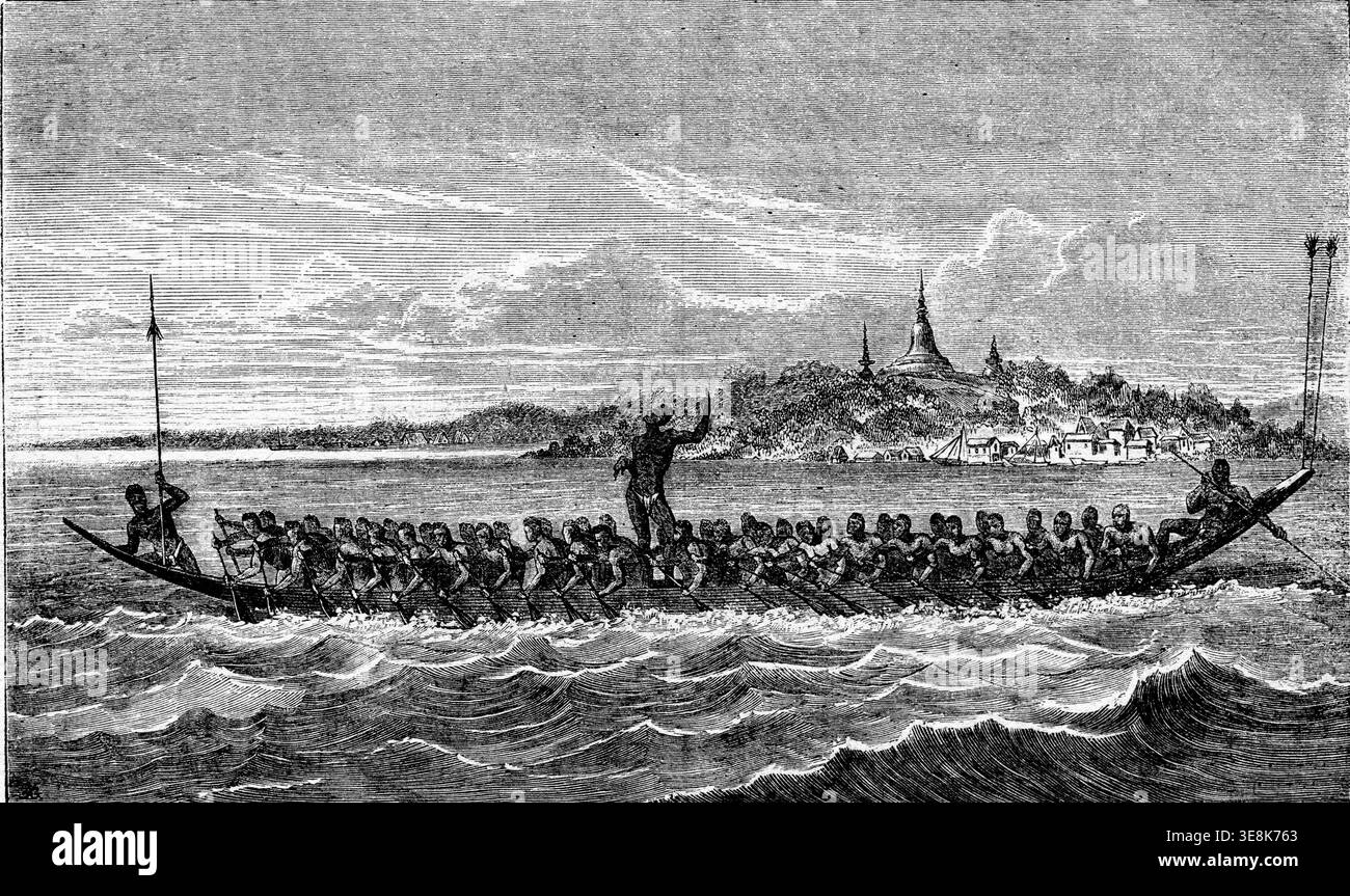 Course de canoë au Cambodge, illustration gravée vintage. Magasin pittoresque 1873 Banque D'Images