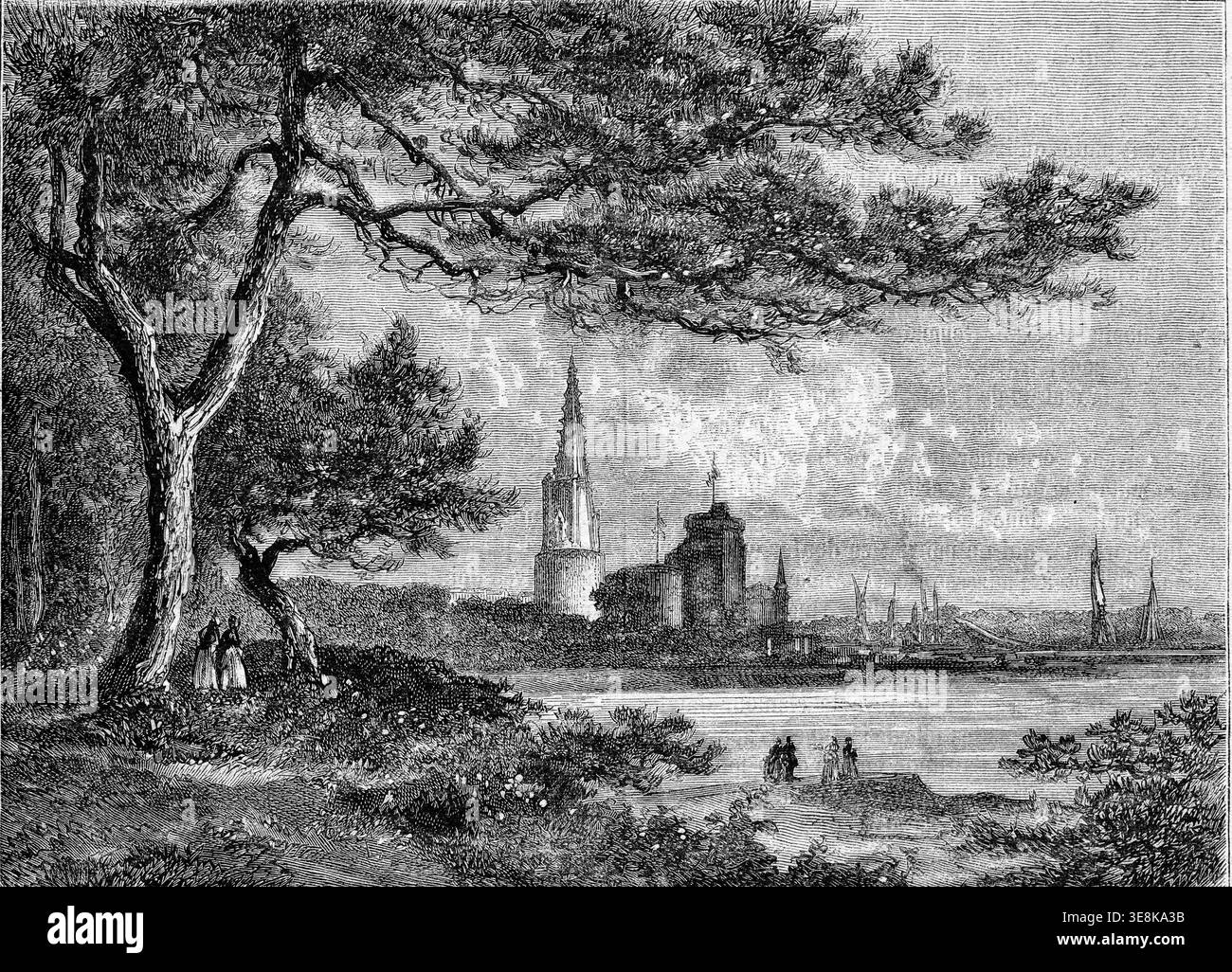 La Rochelle, la Tour de la Lanterne et le port de l'entrée, vue de mail, illustration gravée vintage. Magasin pittoresque 1873 Banque D'Images