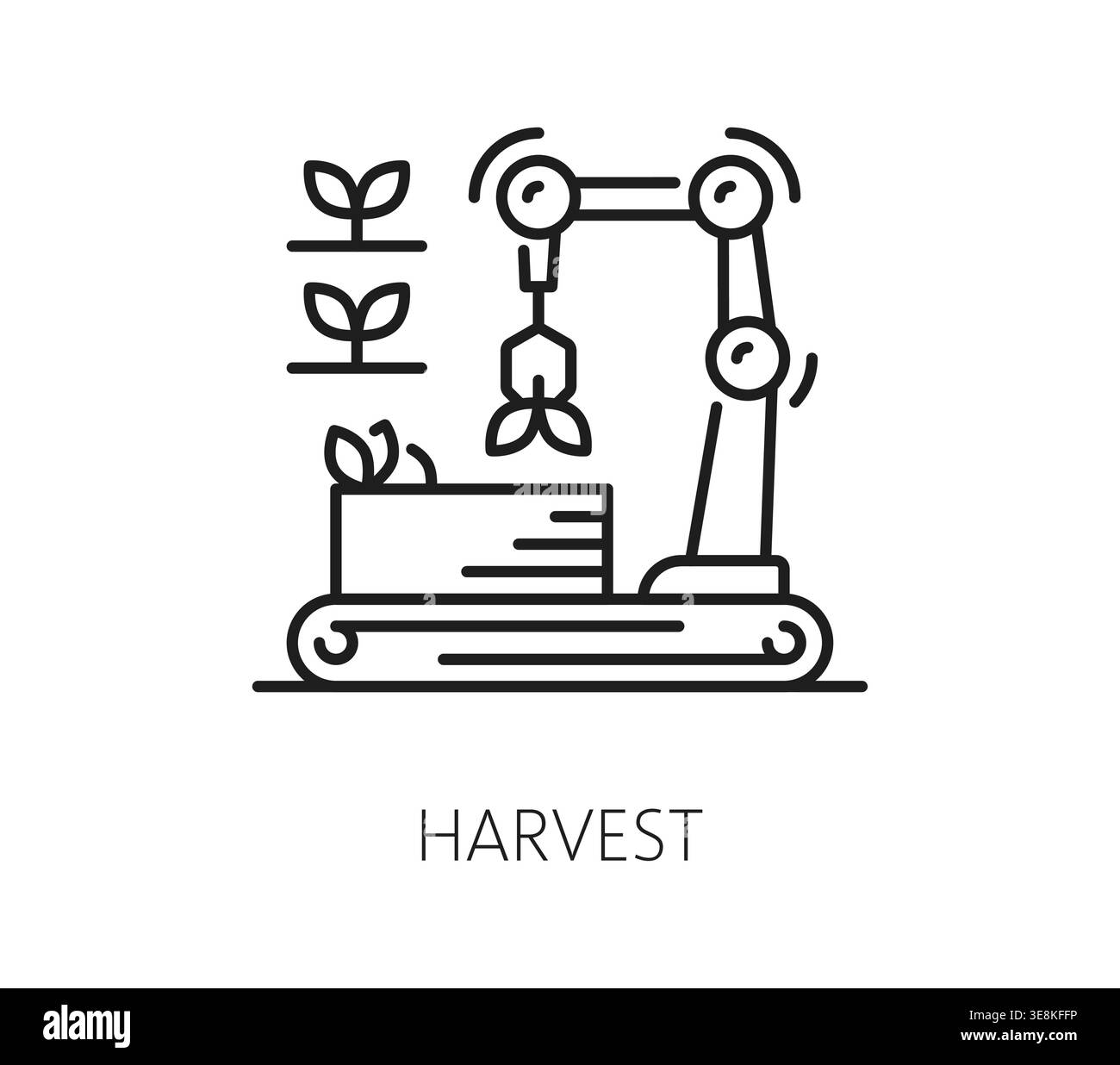 Robot de récolte agricole intelligent, icône de ligne de technologie agricole. Bras robotique de ferme intelligente collectant, plantant le symbole de vecteur de semis. Pictogramme ou signe d'innovation technologique future de l'industrie agricole Illustration de Vecteur