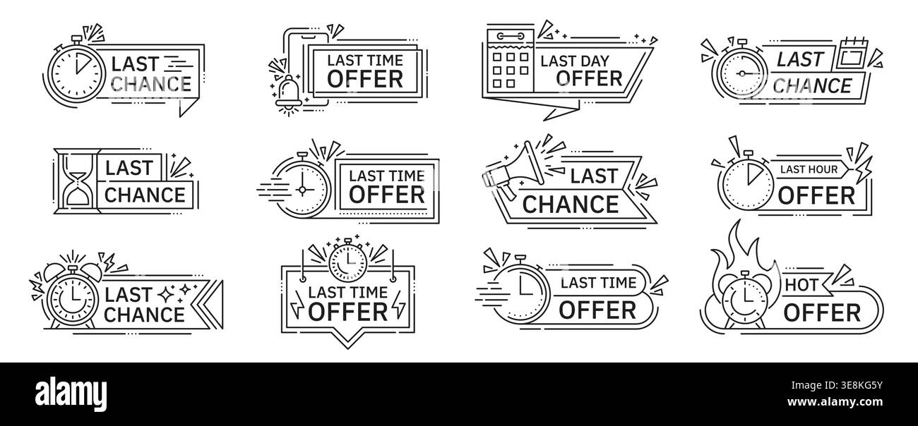Dernière fois, offrez des icônes de compte à rebours des ventes. Réveils de ligne vectorielle, minuteries et chronomètres, sablier et calendriers avec des badges isolés de flammes fixés pour la dernière fois, chance ou jour de l'offre de vente finale Illustration de Vecteur