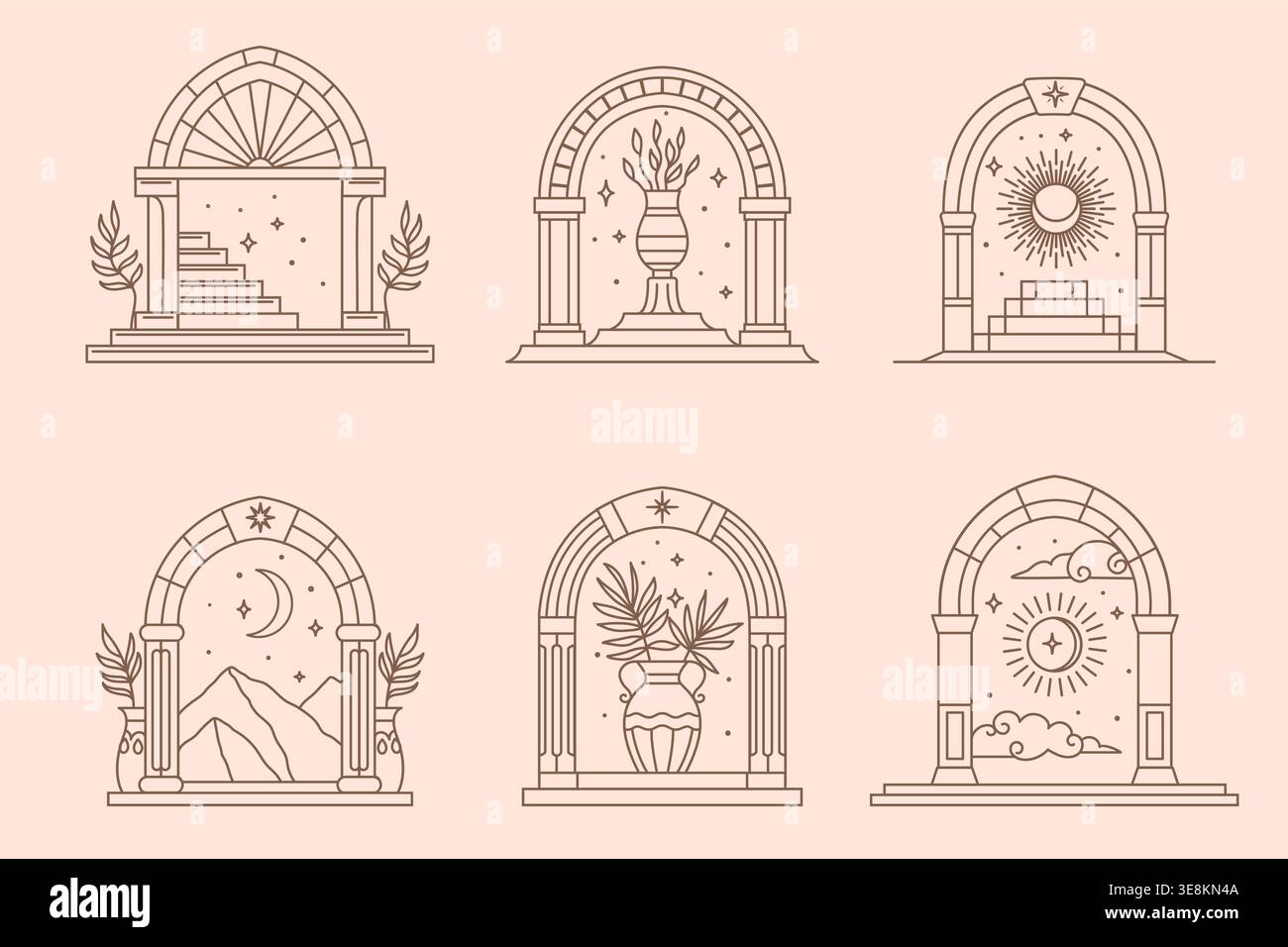 Icônes d'arche de paradis de boho, cadres de porte de château avec le soleil de ligne vectorielle, la lune et les étoiles, feuilles de palmier dans des vases vintage, escaliers et paysage de montagne. Arc mystérieux et portes célestes avec des ornements boho Illustration de Vecteur
