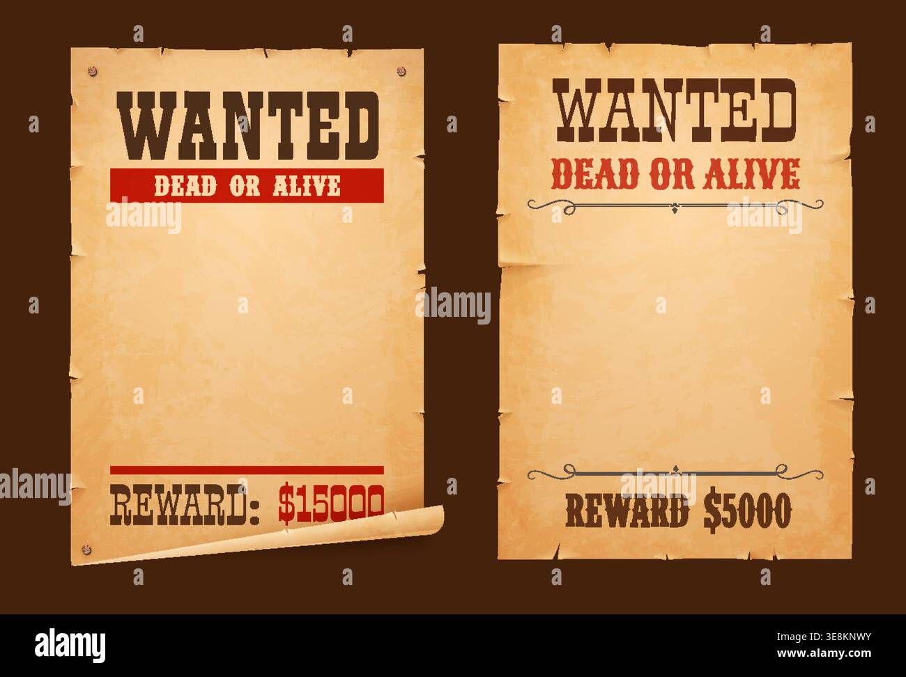Des affiches occidentales voulues, un vieux panneau d'avis hors-la-loi en papier pour une récompense morte ou vivante, des modèles vectoriels. On voulait des affiches sur le mur dans la conception de cow-boy du pays occidental pour les bandit de récompense de Wild West Bandit Robber Illustration de Vecteur