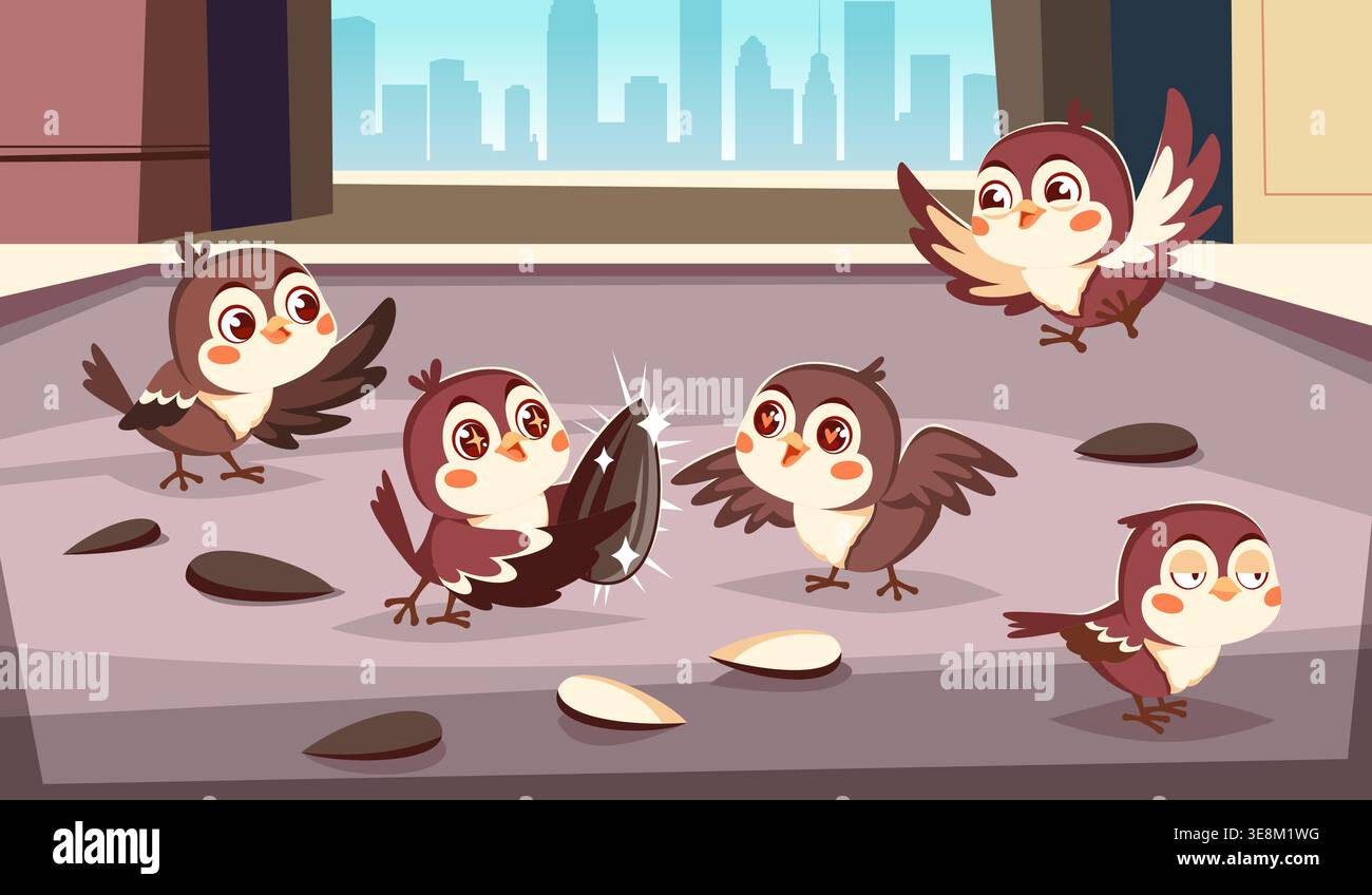 Moineaux de ville de dessin animé. De mignons petits oiseaux picorent des graines de tournesol dans la rue, des créatures drôles à plumes, un emplacement naturel urbain sur le toit, des animaux émotionnels Illustration de Vecteur