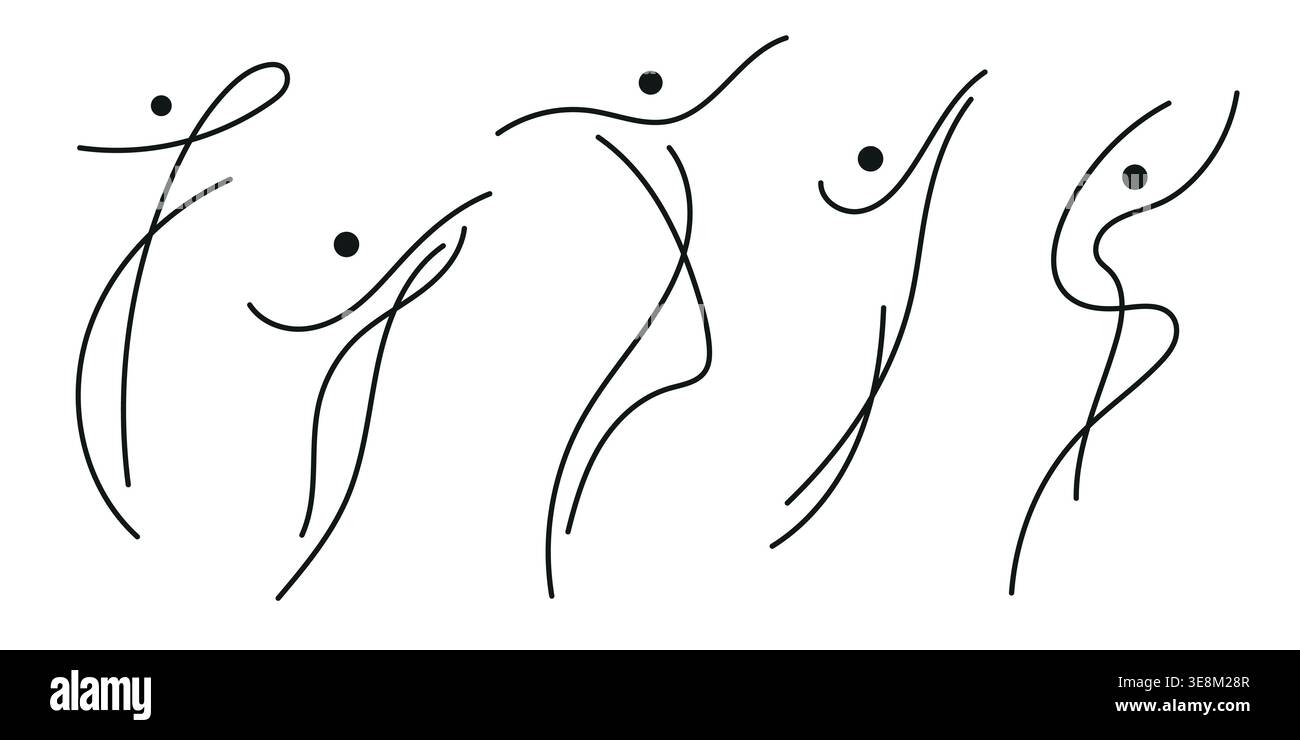 Ensemble de logo de fitness abstrait, figure de ligne humaine dynamique, noir et blanc. Conception vectorielle moderne pour le sport, la santé, le mouvement et le bien-être, à utiliser pour Illustration de Vecteur
