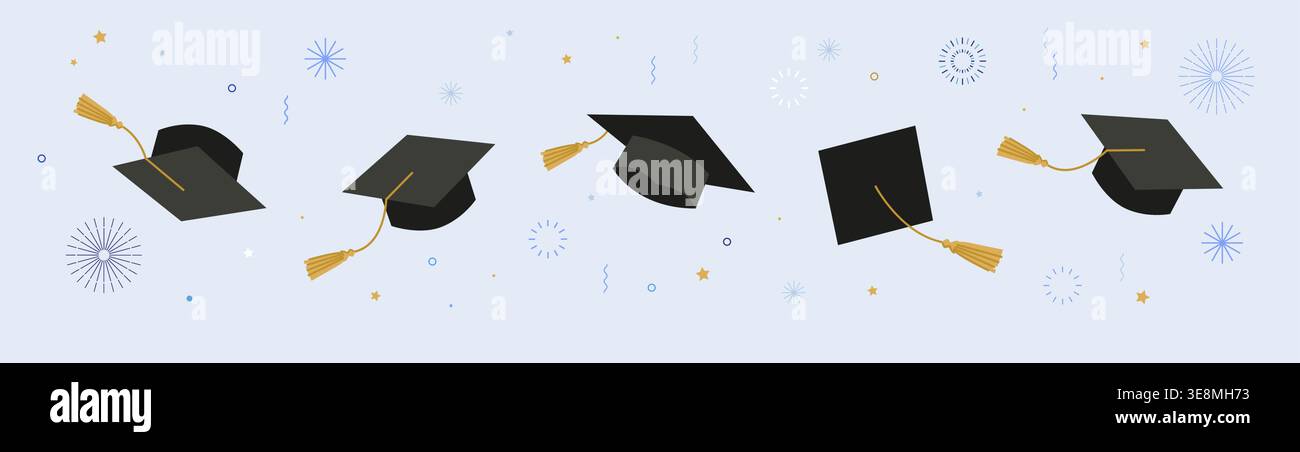 Classe d'études supérieures de 2026. Casquettes et confettis sur fond blanc. Chapeaux jetés, illustration vectorielle, conception de bannière Illustration de Vecteur