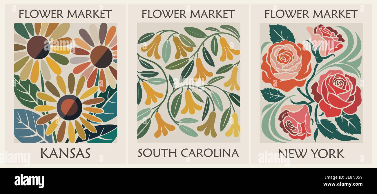 Trendy Botanical USA Flower Market ensemble d'affiches Illustration de Vecteur