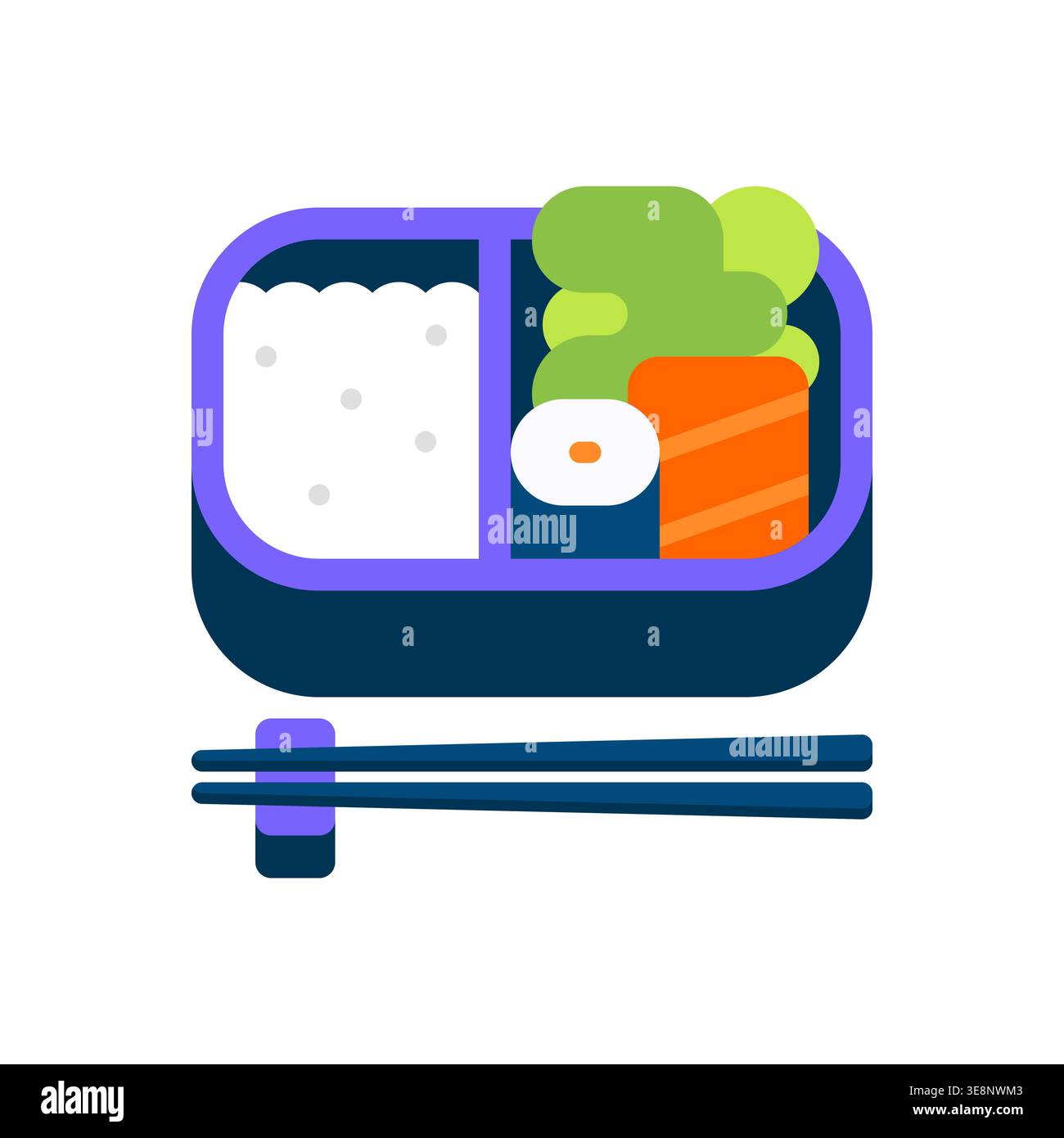 Boîte à bento bleue avec riz, légumes et illustration de rouleau de sushi Illustration de Vecteur