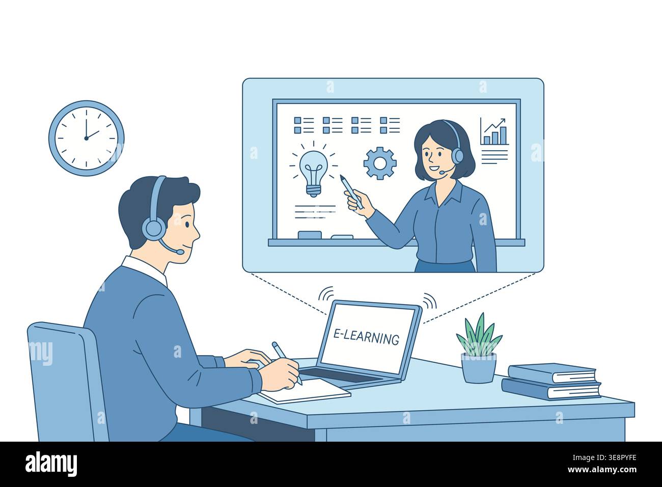 Concept d'éducation en ligne et de développement professionnel. Personnage masculin participant à une vidéoconférence ou à un atelier virtuel. Plate-forme d'apprentissage en ligne et Illustration de Vecteur