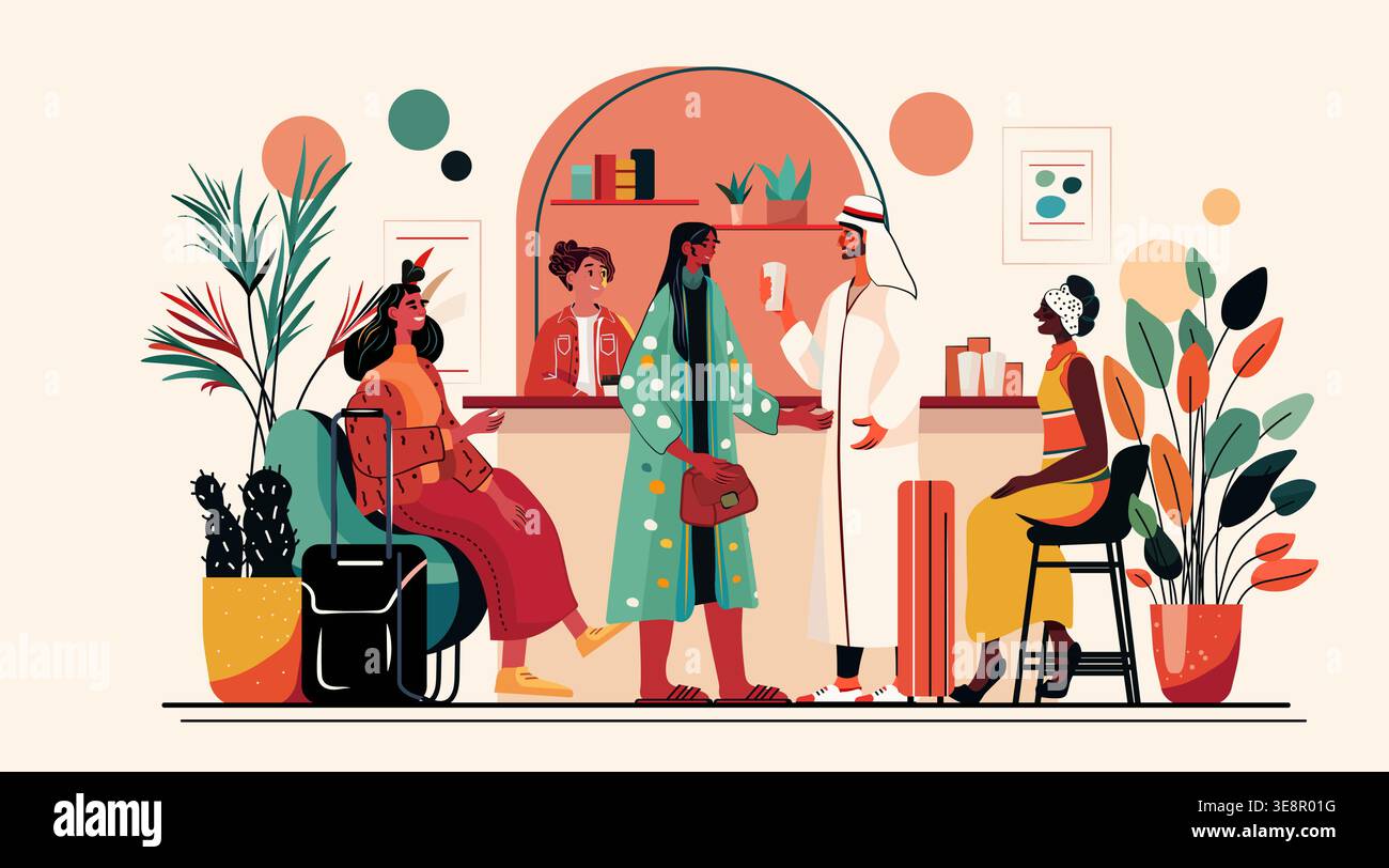 Travelers Hall de l'hôtel personnes diverses attendant bagages plantes comptoir réception décoration intérieure moderne Illustration de Vecteur