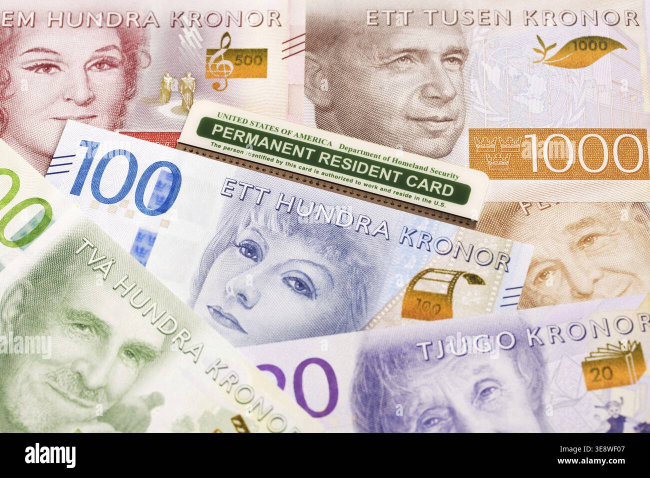 Carte de résident permanent américaine sur argent suédois - Krona Banque D'Images