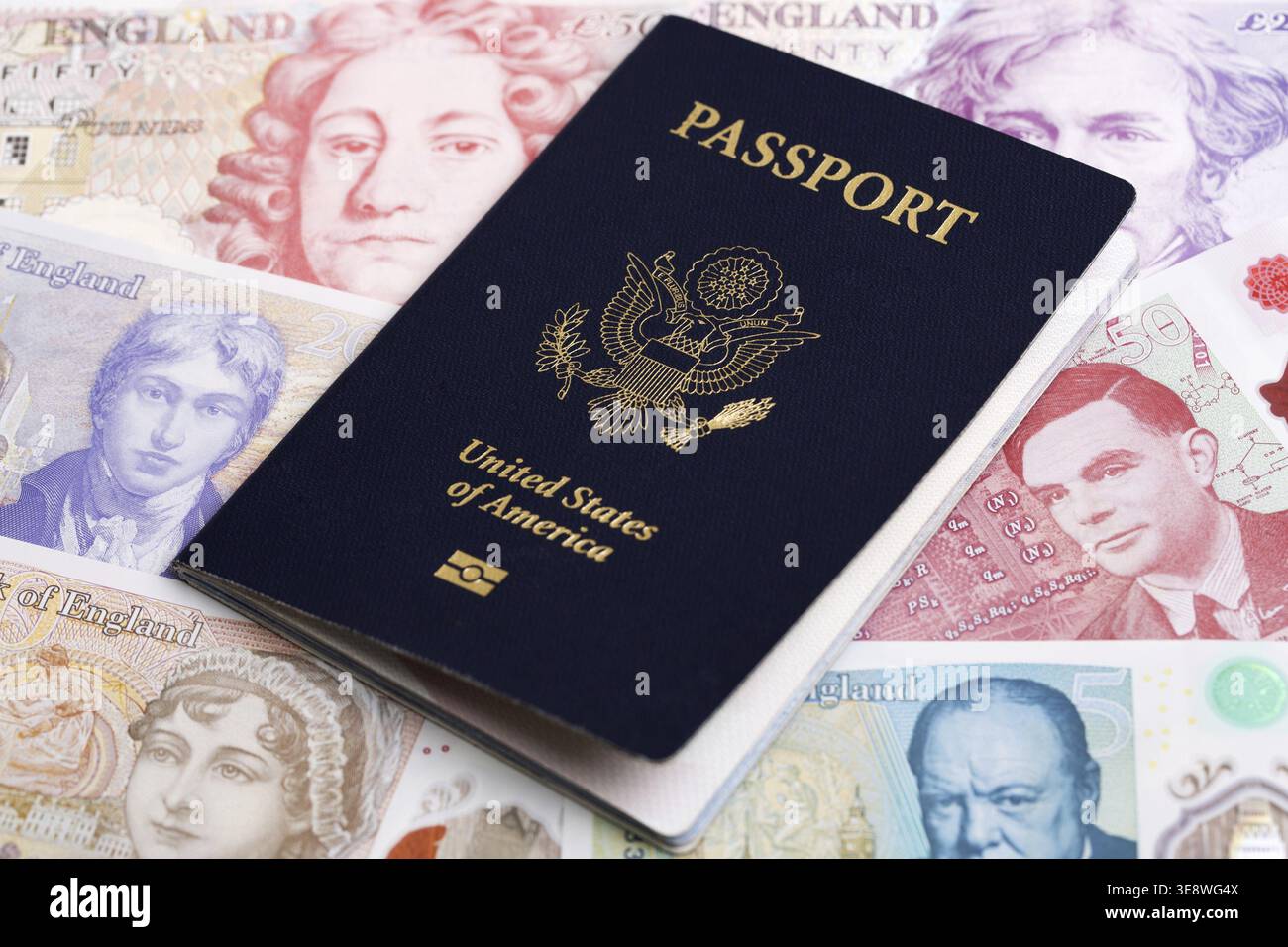 Passeport américain sur l'argent anglais - livre Banque D'Images