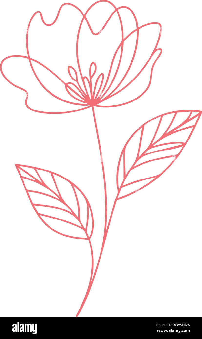 Illustration de ligne minimale d'une fleur de lotus sur une tige haute avec deux feuilles veinées de couleur rose doux. Illustration de Vecteur