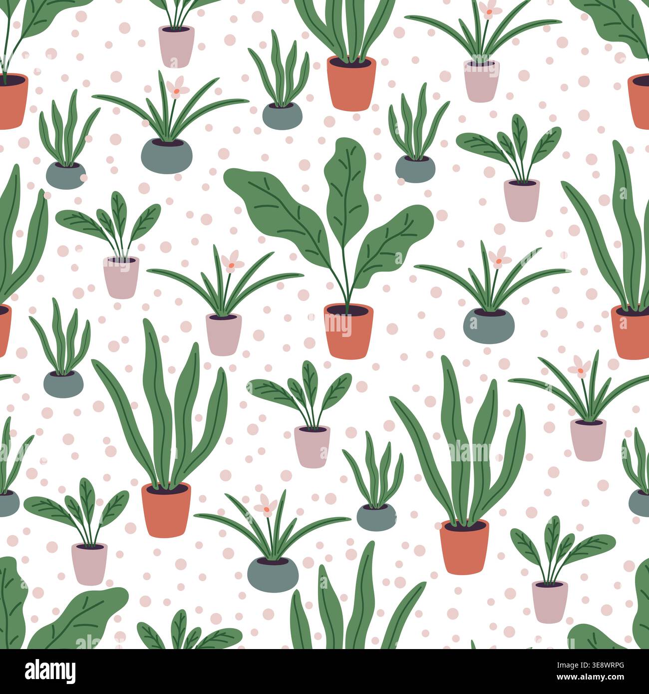 Variété de plantes d'intérieur et de fleurs dans des pots en céramique colorés modèle sans couture. Impression répétée. Ficus de palmier et fougère d'intérieur en pots de fleurs. Succulent Illustration de Vecteur