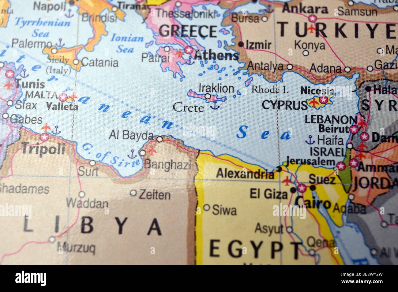 Crète Grèce Fermer Bokeh World Map Macro image géographique défocalisée Banque D'Images
