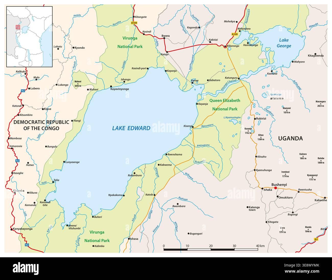 Carte du lac Édouard, Afrique de l'est, Ouganda, Dr Congo Banque D'Images