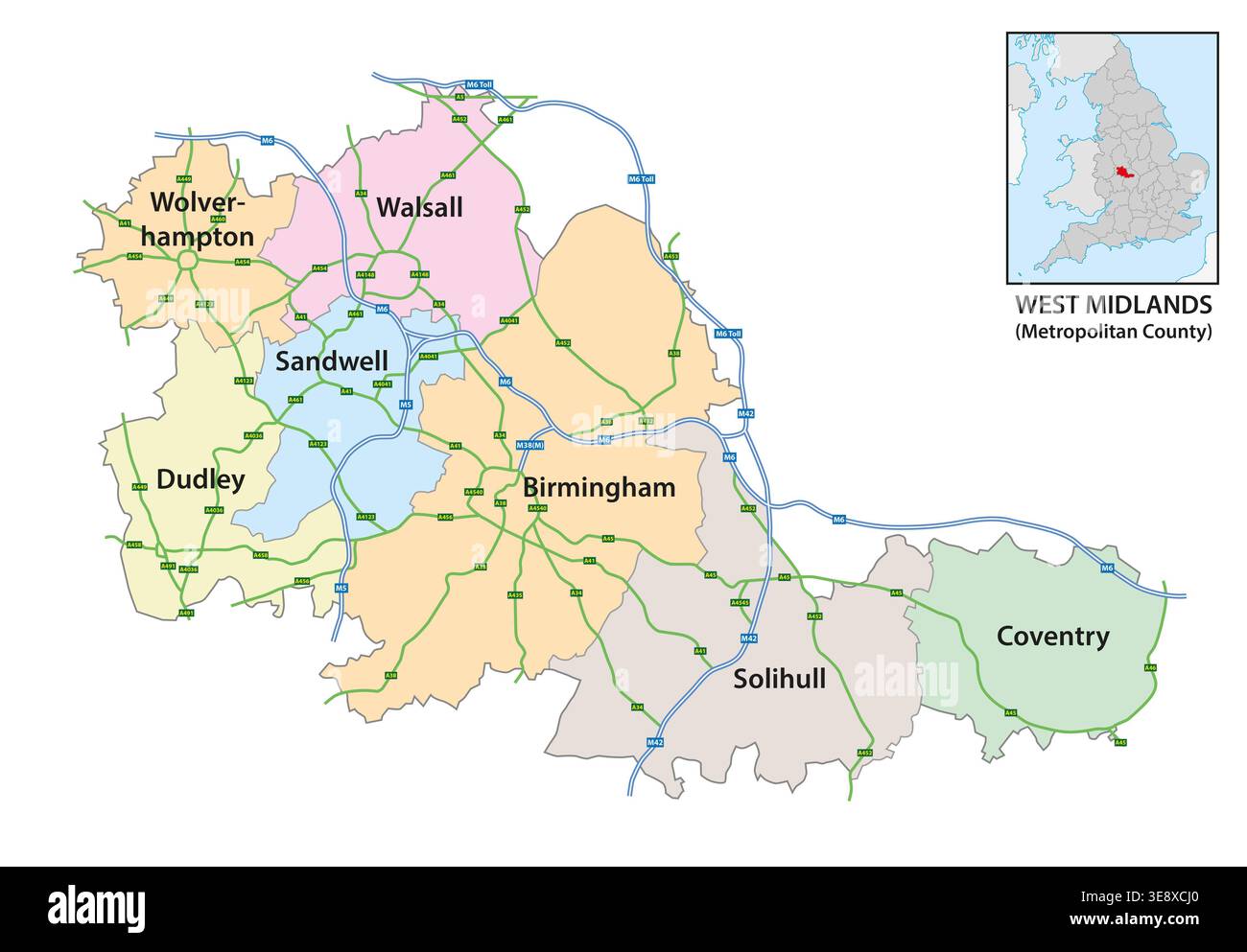 Carte du comté métropolitain anglais, West Midlands, Royaume-Uni Banque D'Images